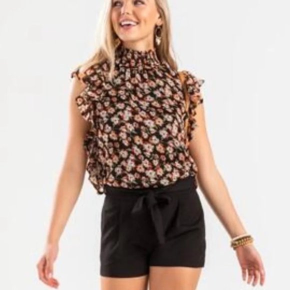 Francesca's Floral Smock Neck Flutter Sleeve Blouse Black/Red - Picture 2 of 11